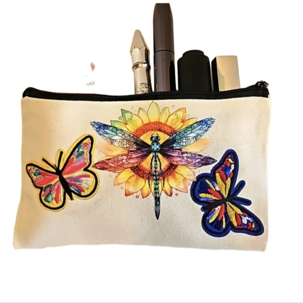 Hand Crafted canvas makeup bag pencil case iron transfer embroidery butterfly